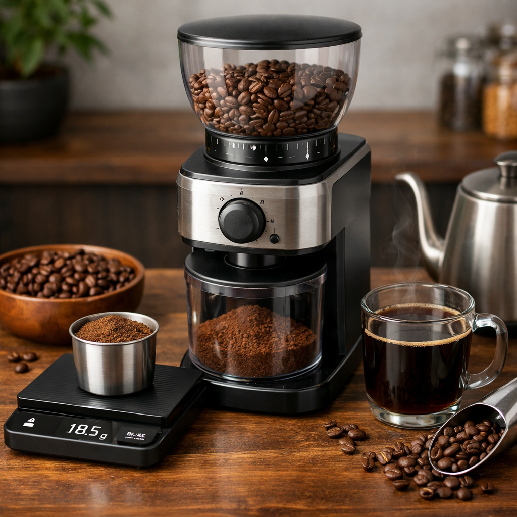 Electric coffee grinder with beans and ground coffee, digital scale, steaming cup of black coffee