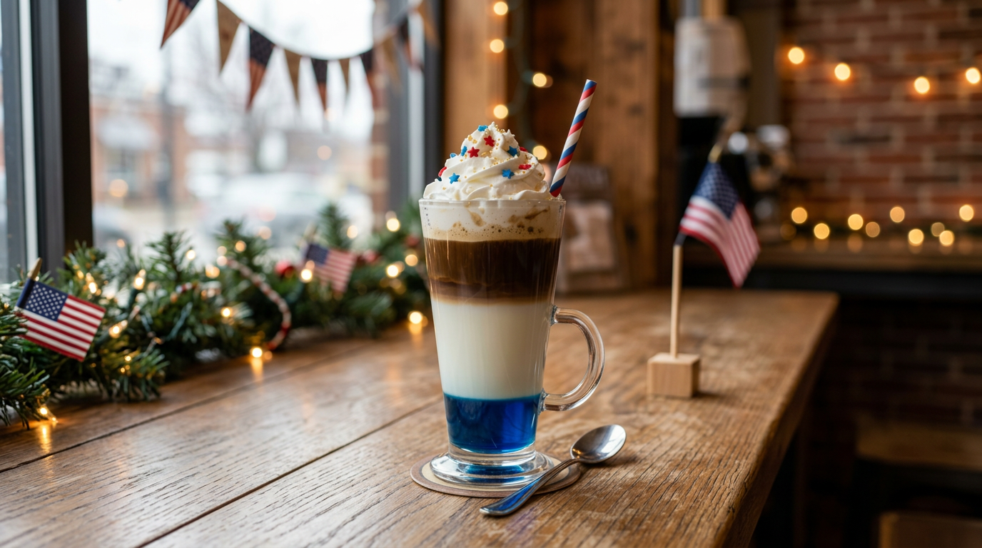 Layered latte with blue syrup, milk, coffee, whipped cream, and patriotic sprinkles