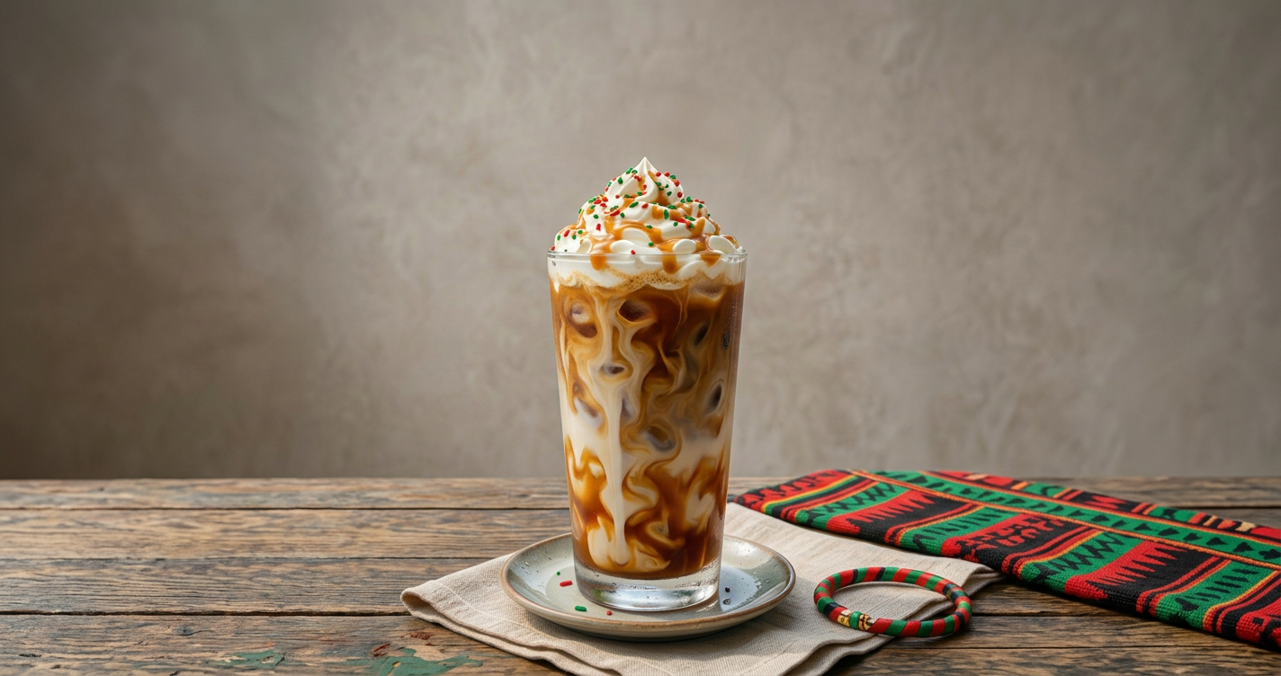 Glass of caramel iced coffee with whipped cream and Juneteenth flags at outdoor festival