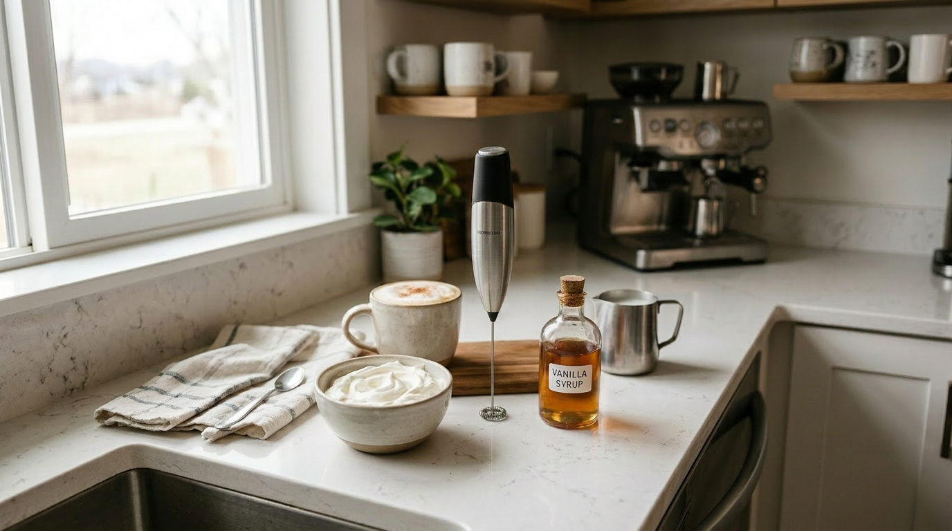 Coffee cup with foam, whipped cream in a bowl with whisk, vanilla syrup bottle, and milk frother on kitchen counter